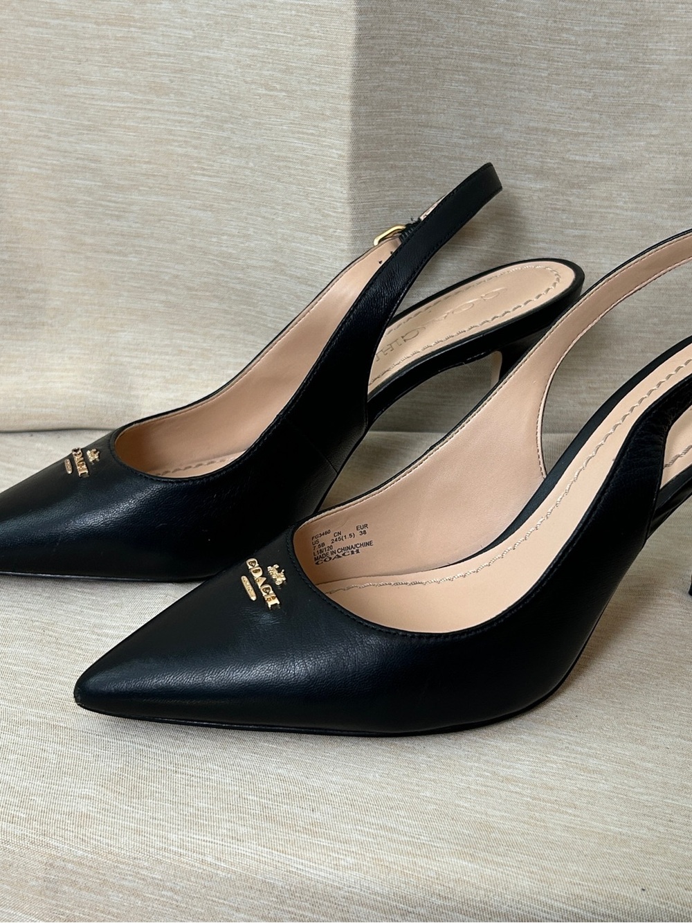Coach Black Leather Pointed-Toe Slingback Pumps with Gold Logo Allie 90 Ltr Pump - Picture 3 of 13